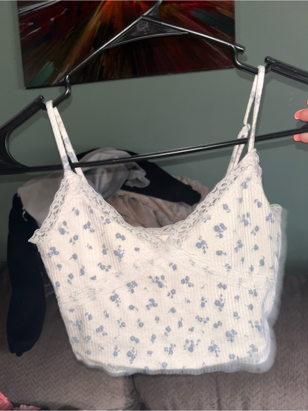 Aeropostale White Ribbed Lace Cami with Light Blue Floral Print